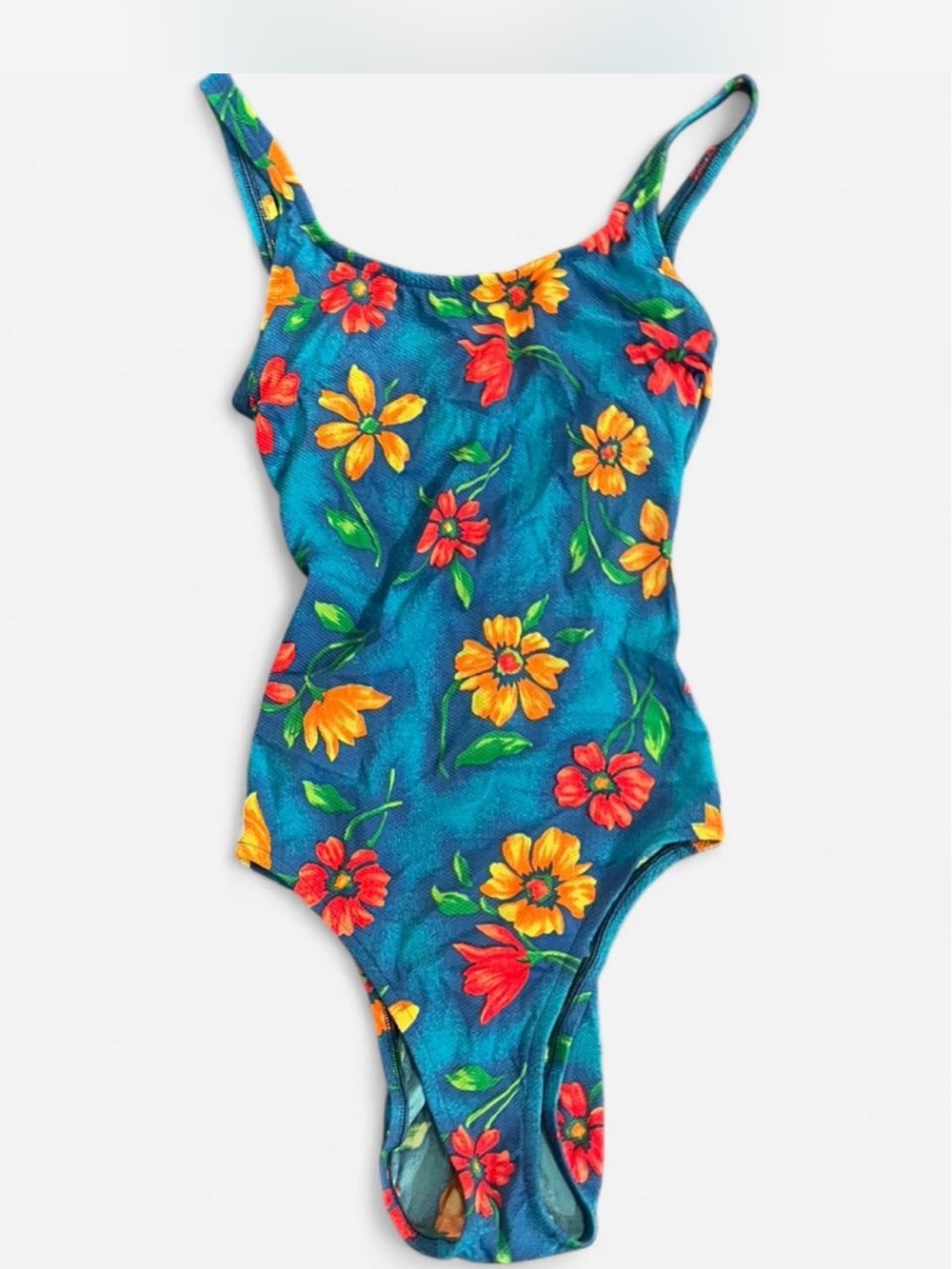 90’s Blue Floral One-Piece Swimsuit with Bright Bloom Print